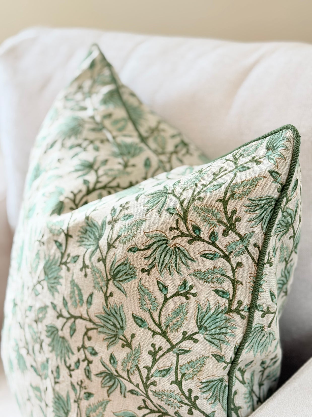 Sage Green Botanical Block Print Cushion with Piping - The Evergreen