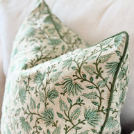 Sage Green Botanical Block Print Cushion with Piping - The Evergreen