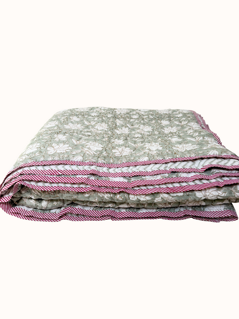 Sage Green Block Print Cotton Quilt