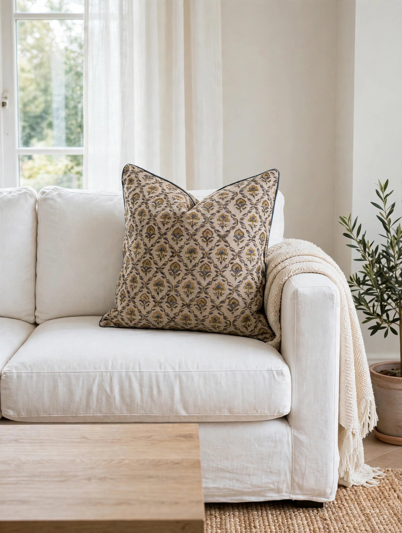 Suffolk Trellis Block Print Linen Cushion Cover