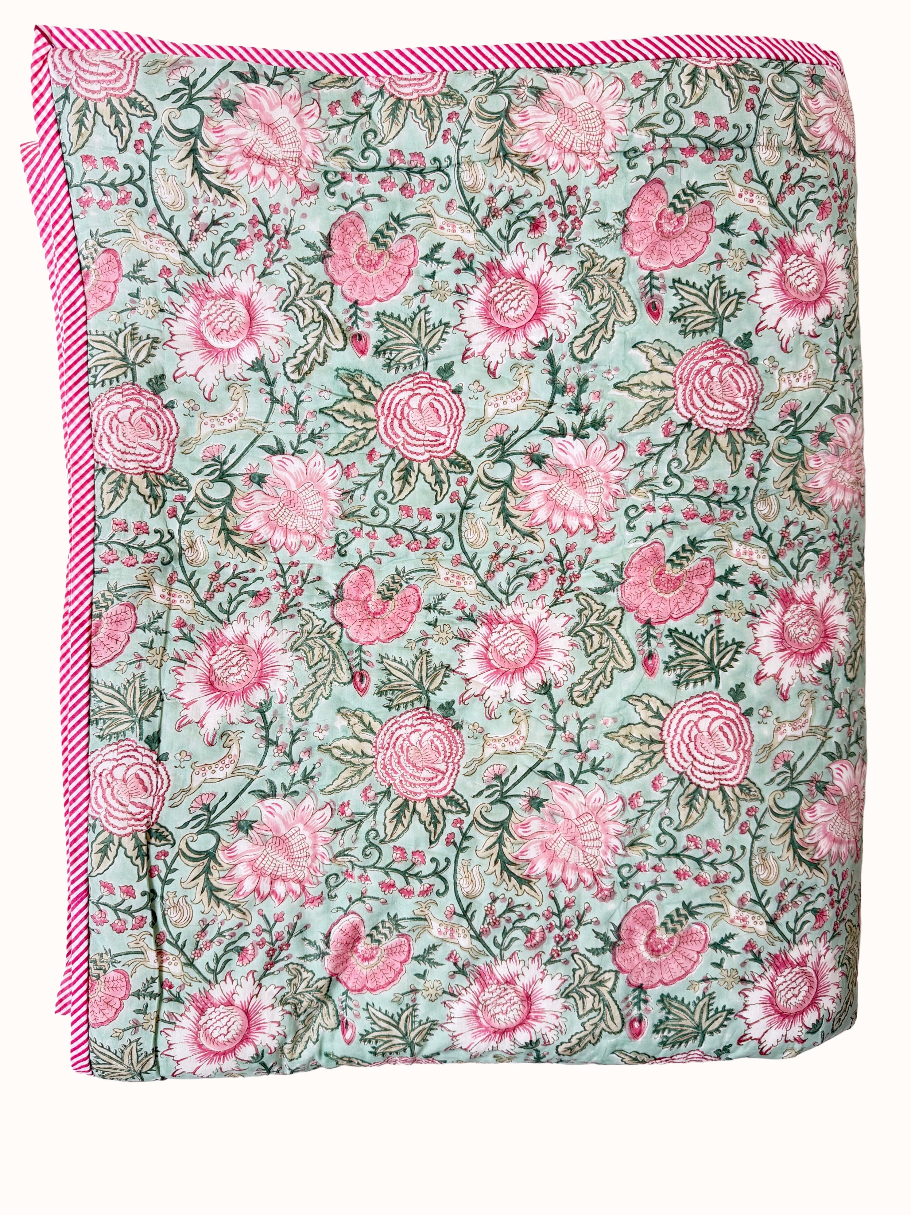 Pale Aqua Block Print Cotton Quilt