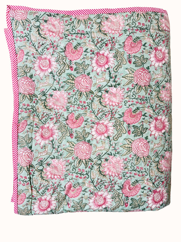 Pale Aqua Block Print Cotton Quilt