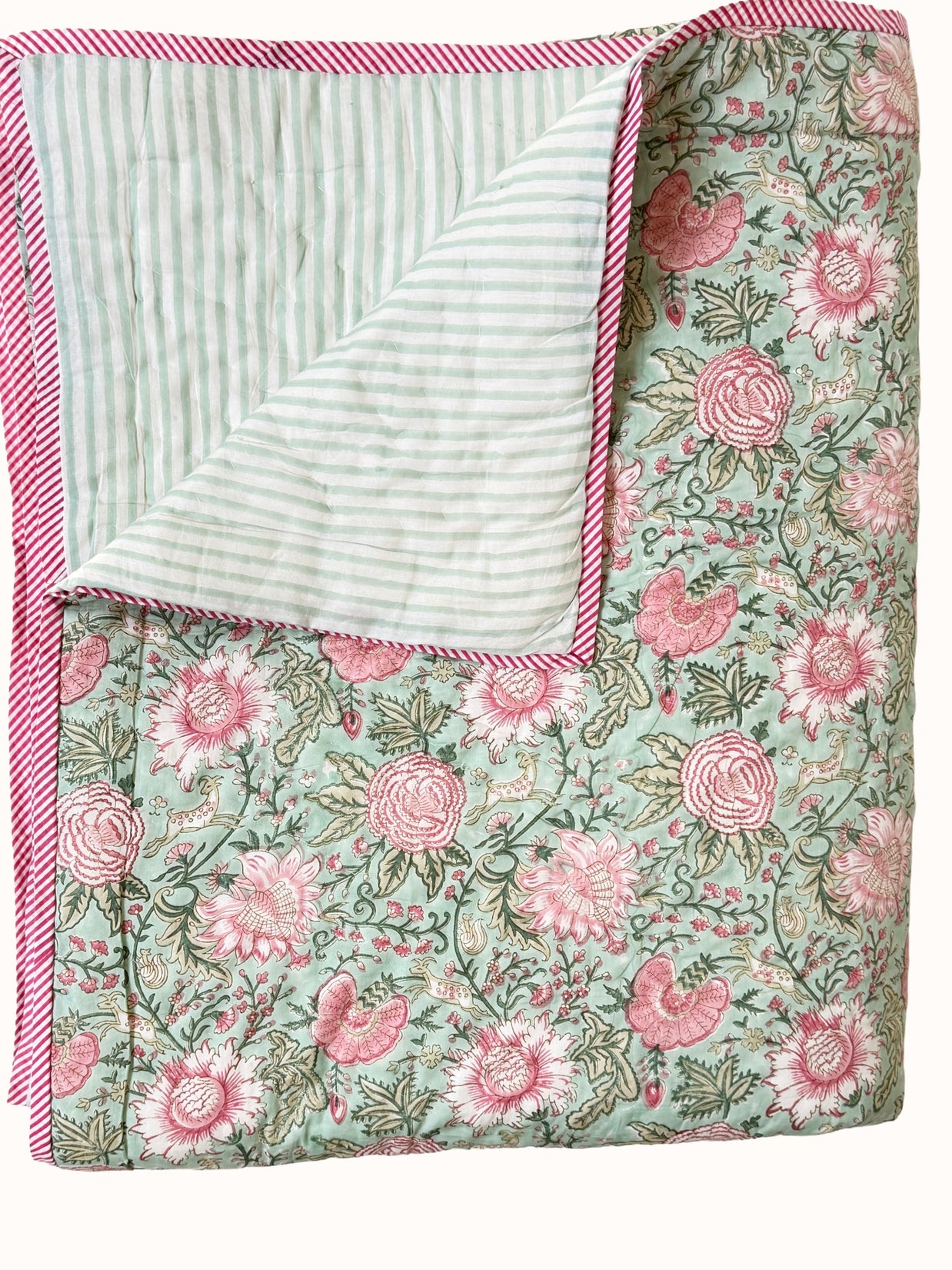 Pale Aqua Block Print Cotton Quilt
