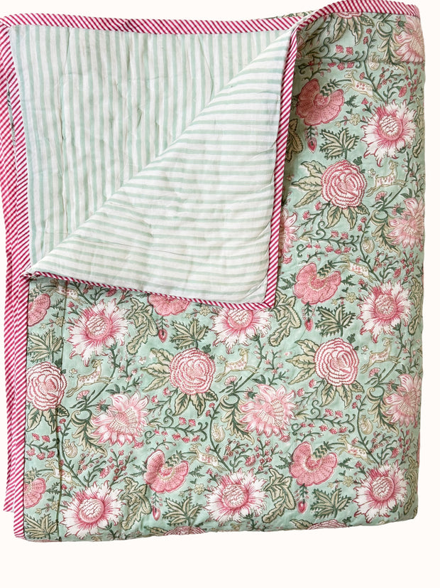 Pale Aqua Block Print Cotton Quilt
