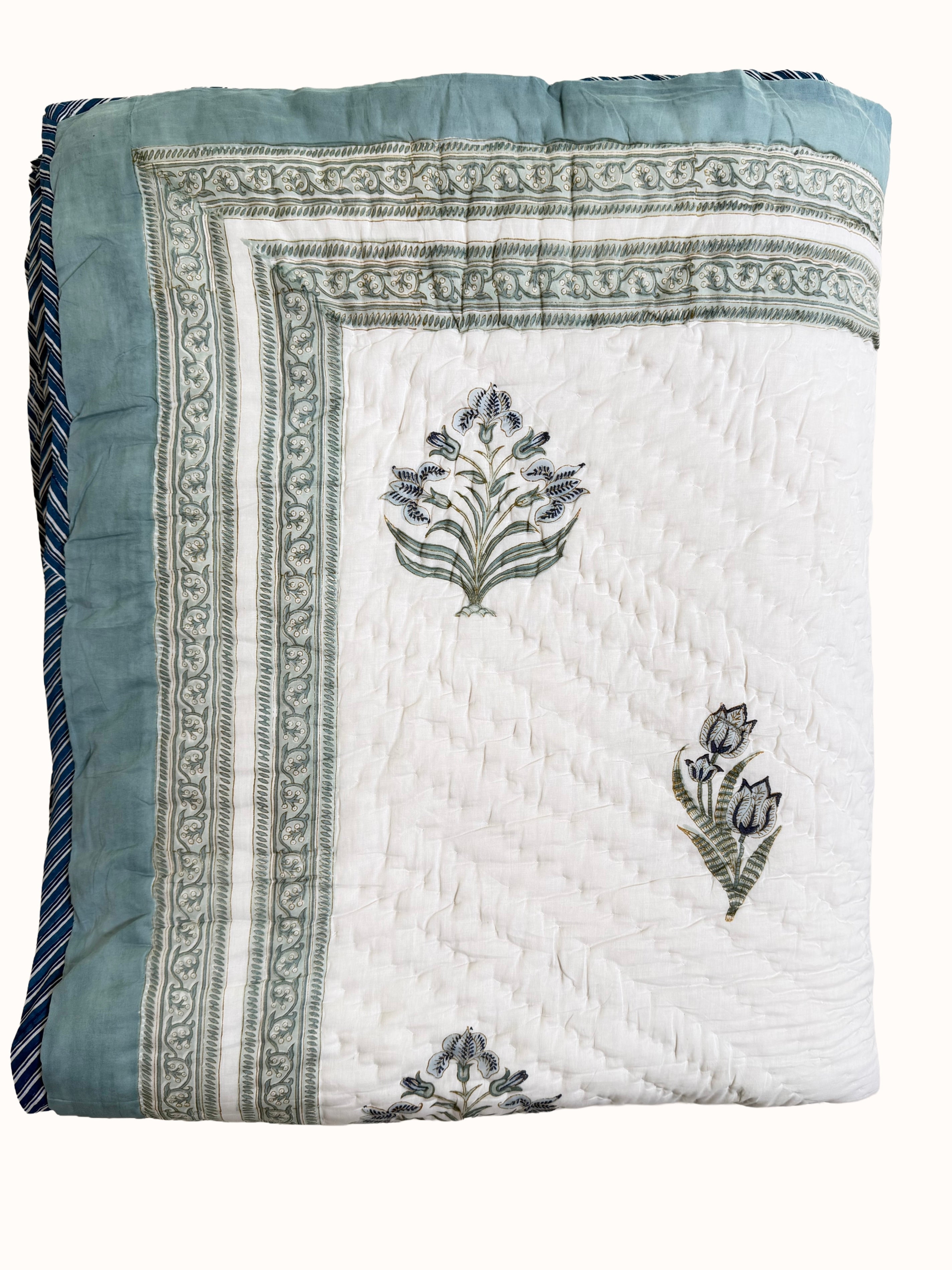 Dusky Blue Block Print Cotton Quilt