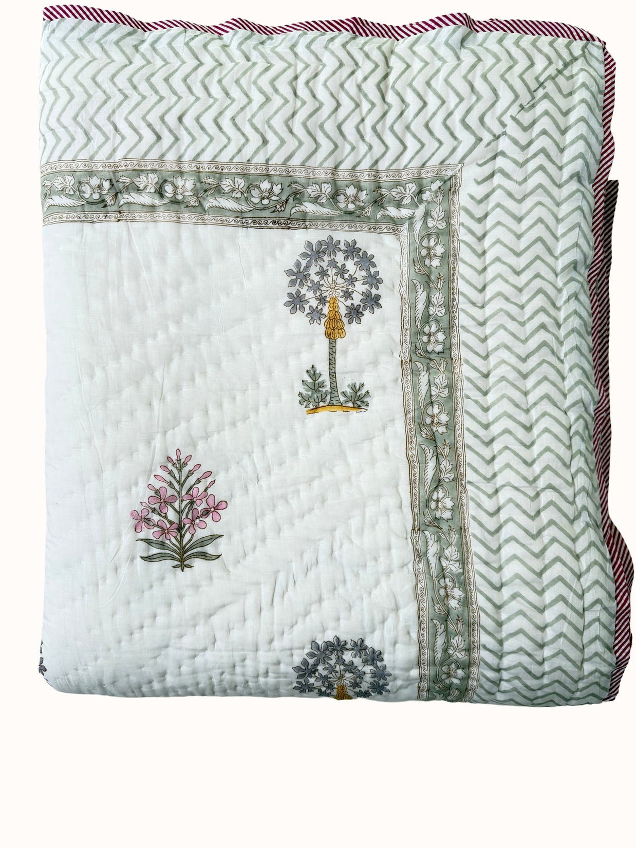 Sage Green Block Print Cotton Quilt