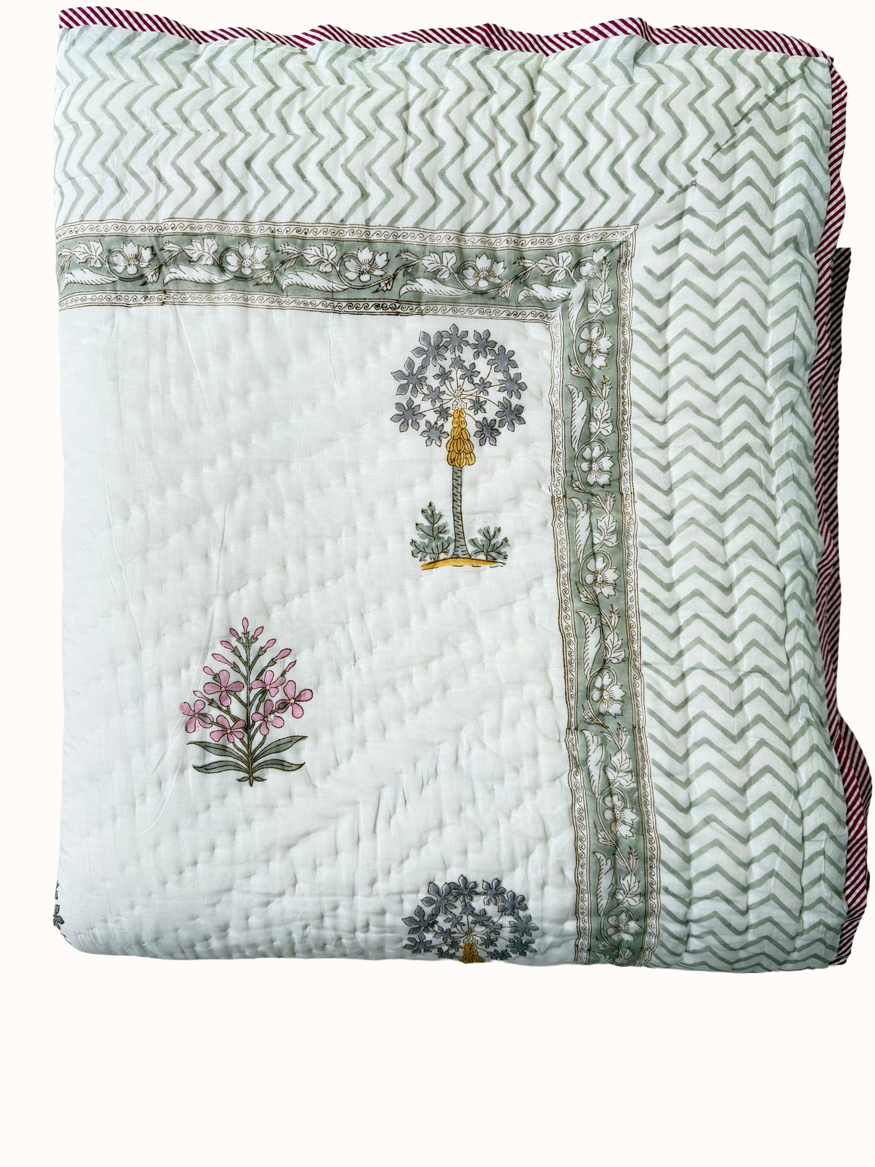 Sage Green Block Print Cotton Quilt