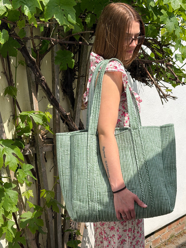 Moss Green Gingham Reversible Bag Set