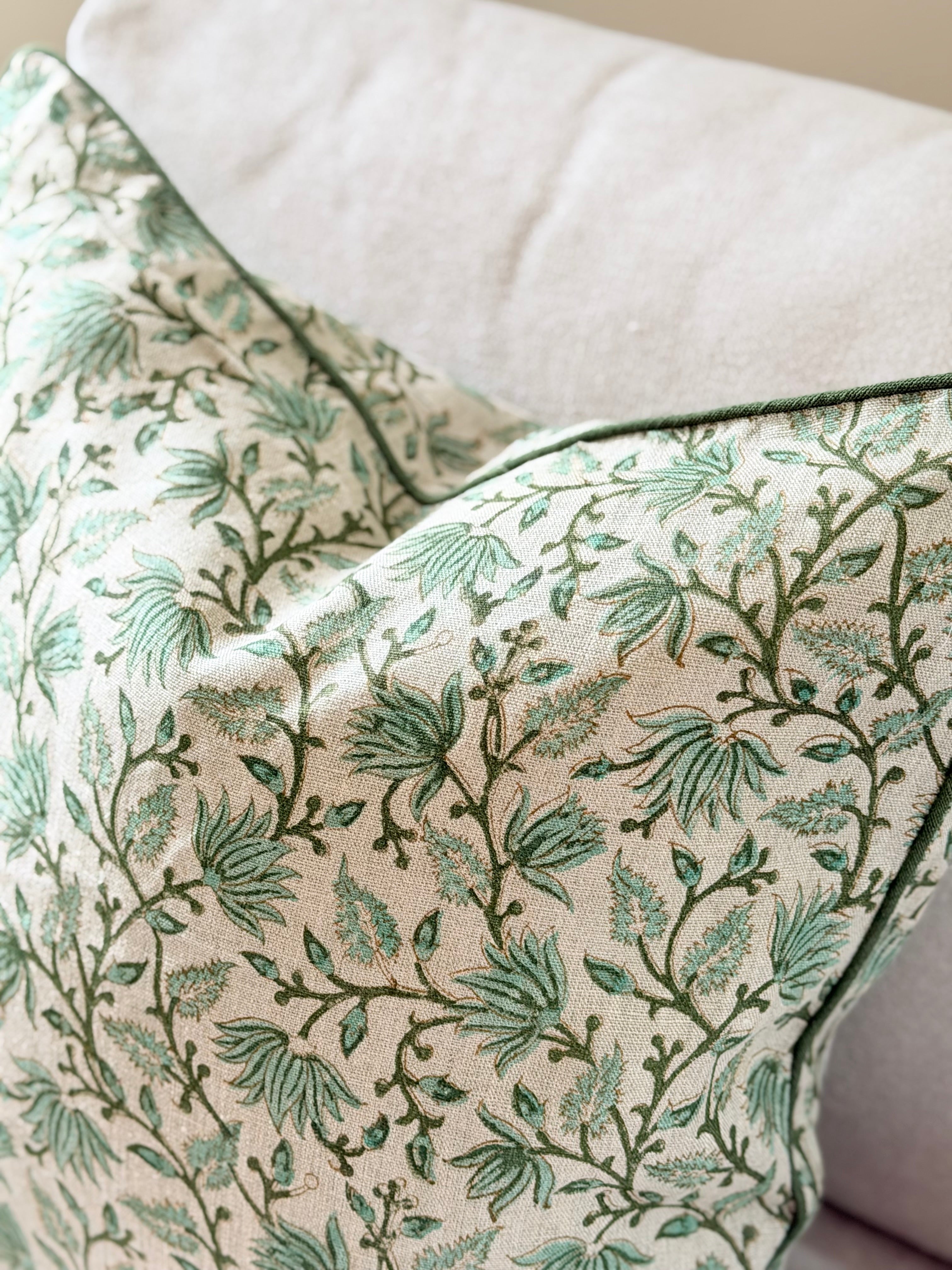 Sage Green Botanical Block Print Cushion with Piping - The Evergreen
