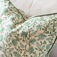 Sage Green Botanical Block Print Cushion with Piping - The Evergreen