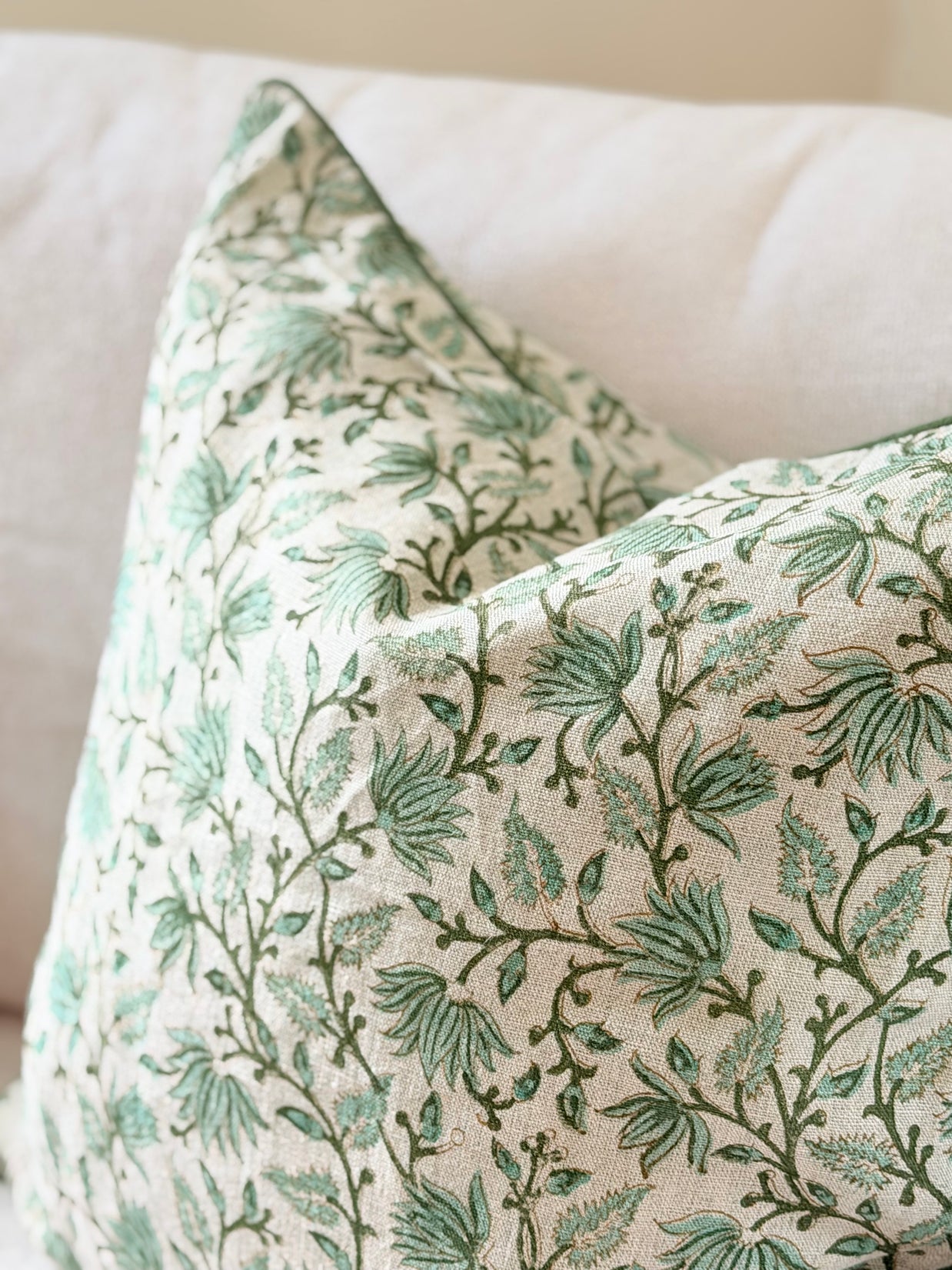 Sage Green Botanical Block Print Cushion with Piping - The Evergreen