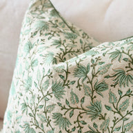Sage Green Botanical Block Print Cushion with Piping - The Evergreen