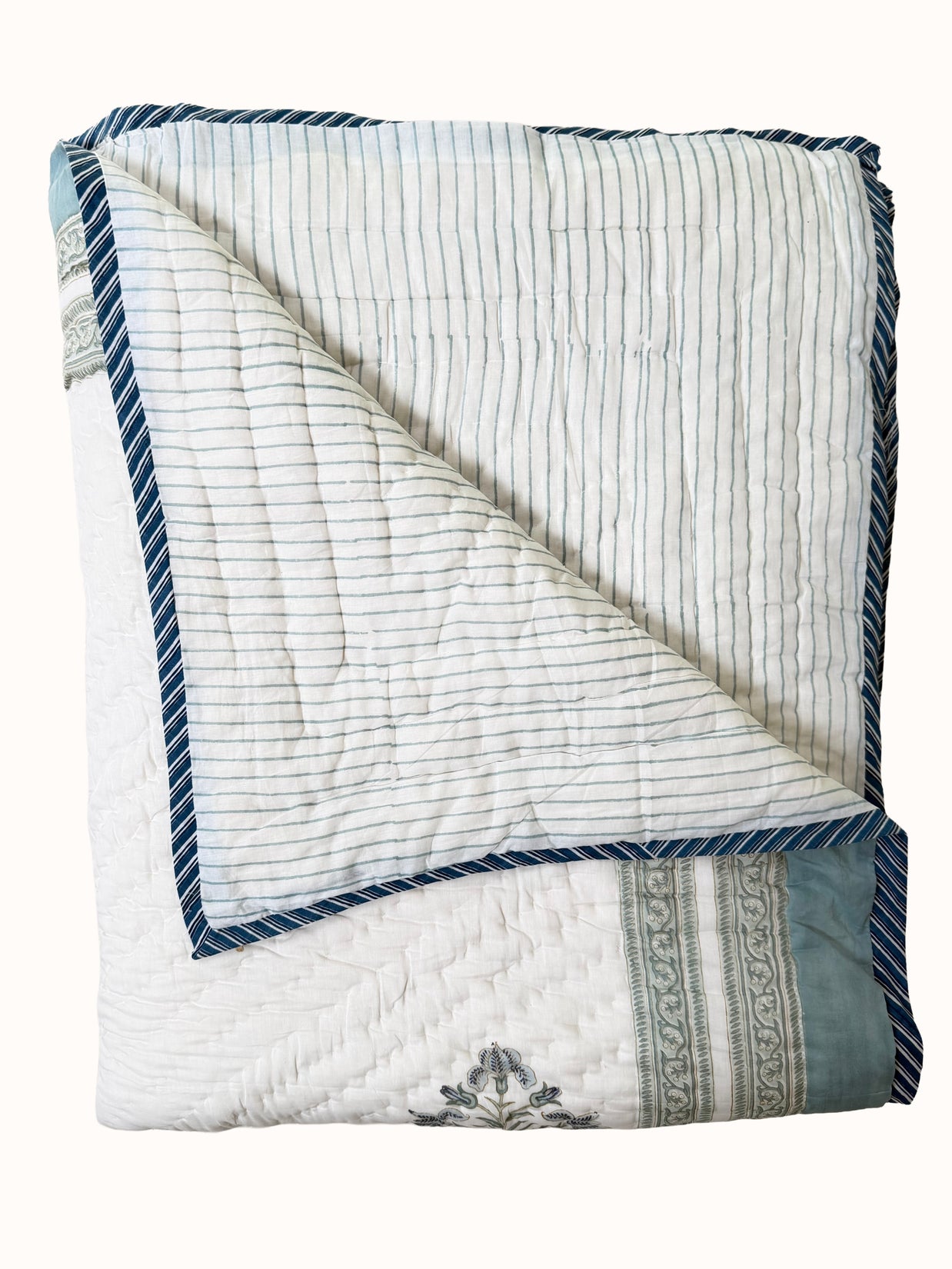 Dusky Blue Block Print Cotton Quilt