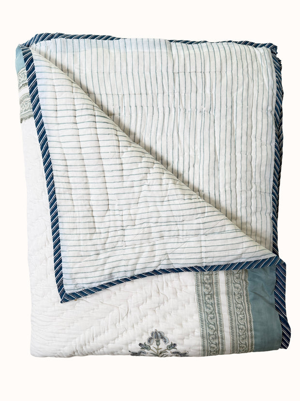 Dusky Blue Block Print Cotton Quilt