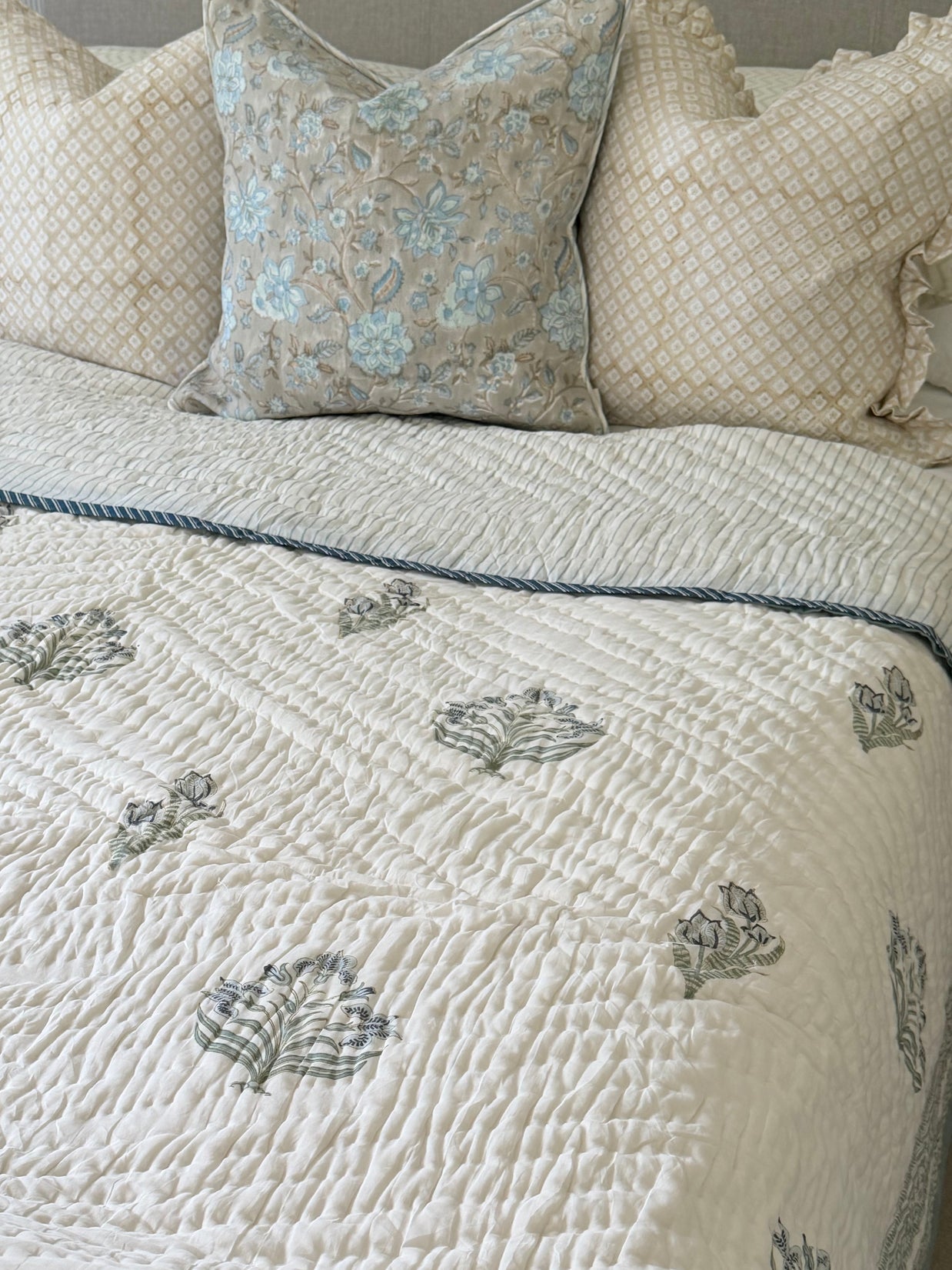 Dusky Blue Block Print Cotton Quilt