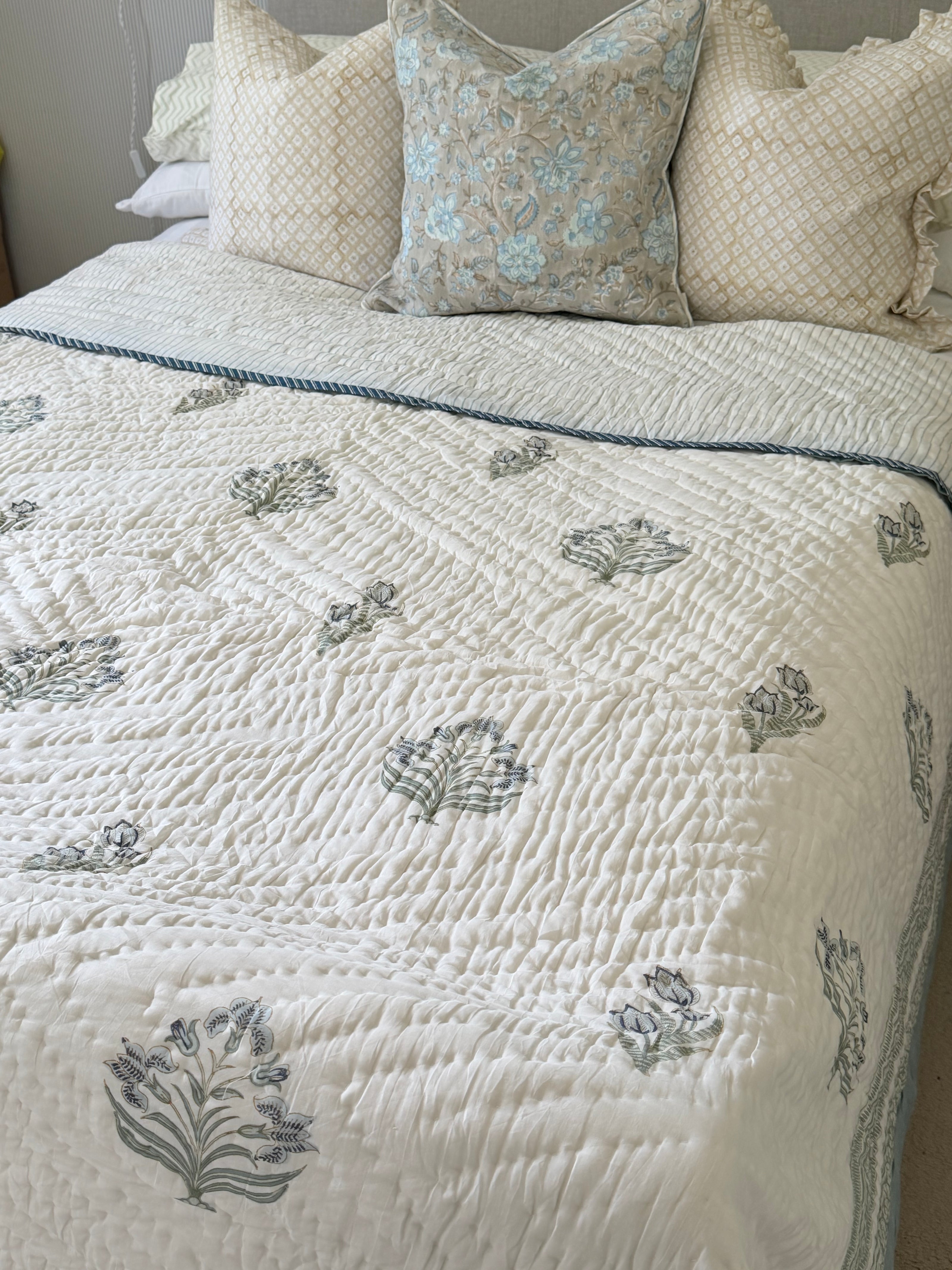 Dusky Blue Block Print Cotton Quilt