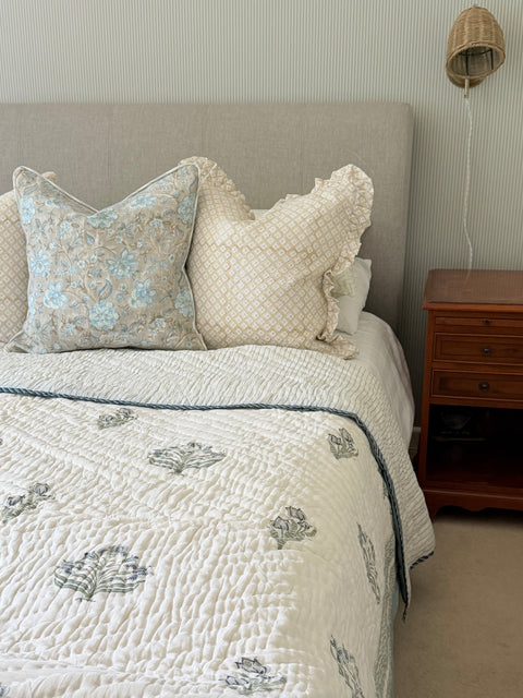 Dusky Blue Block Print Cotton Quilt