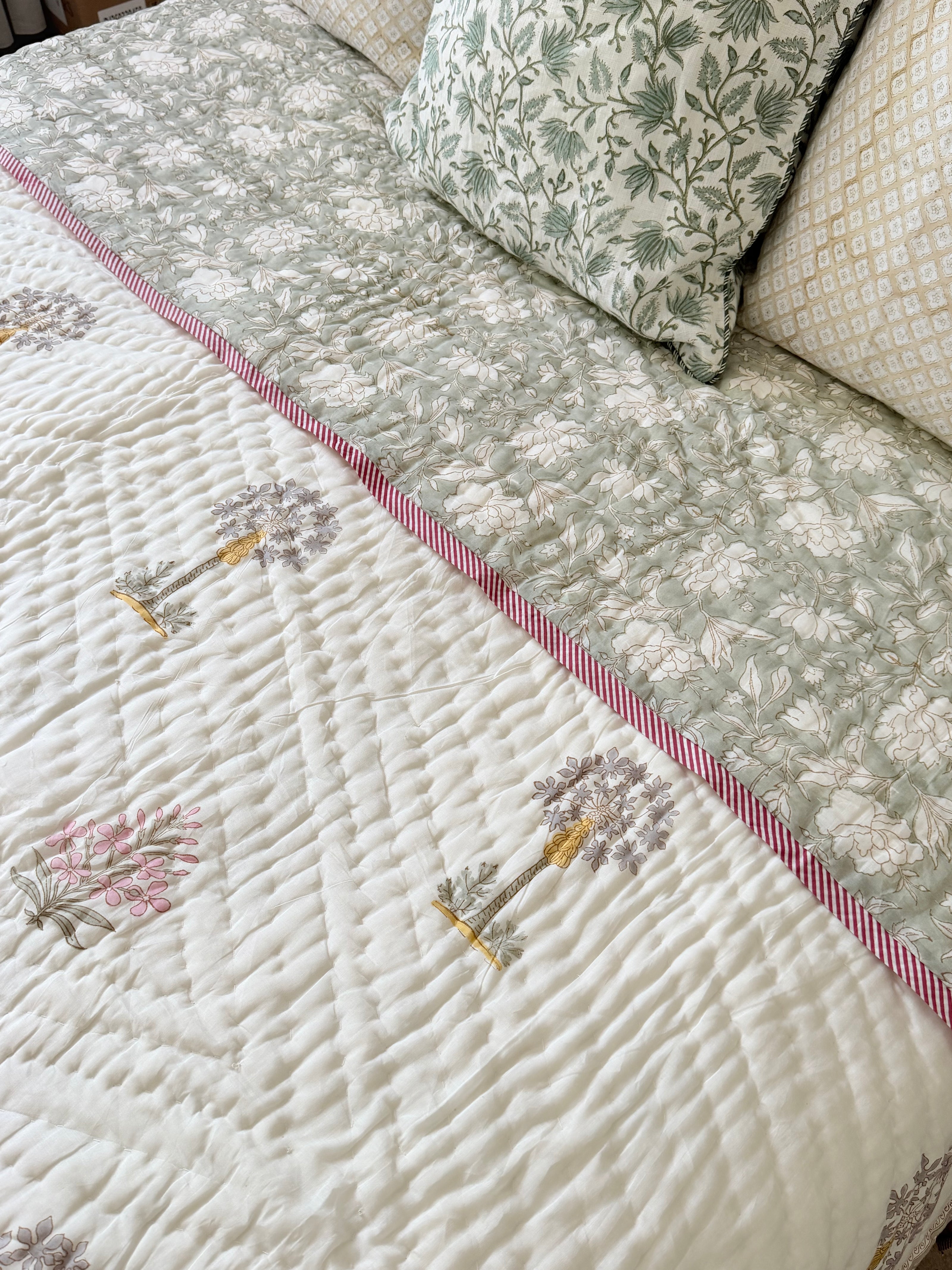 Sage Green Block Print Cotton Quilt
