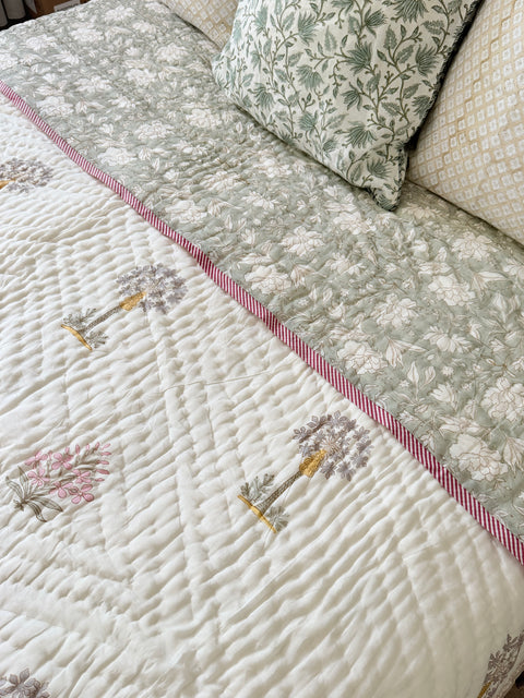 Sage Green Block Print Cotton Quilt