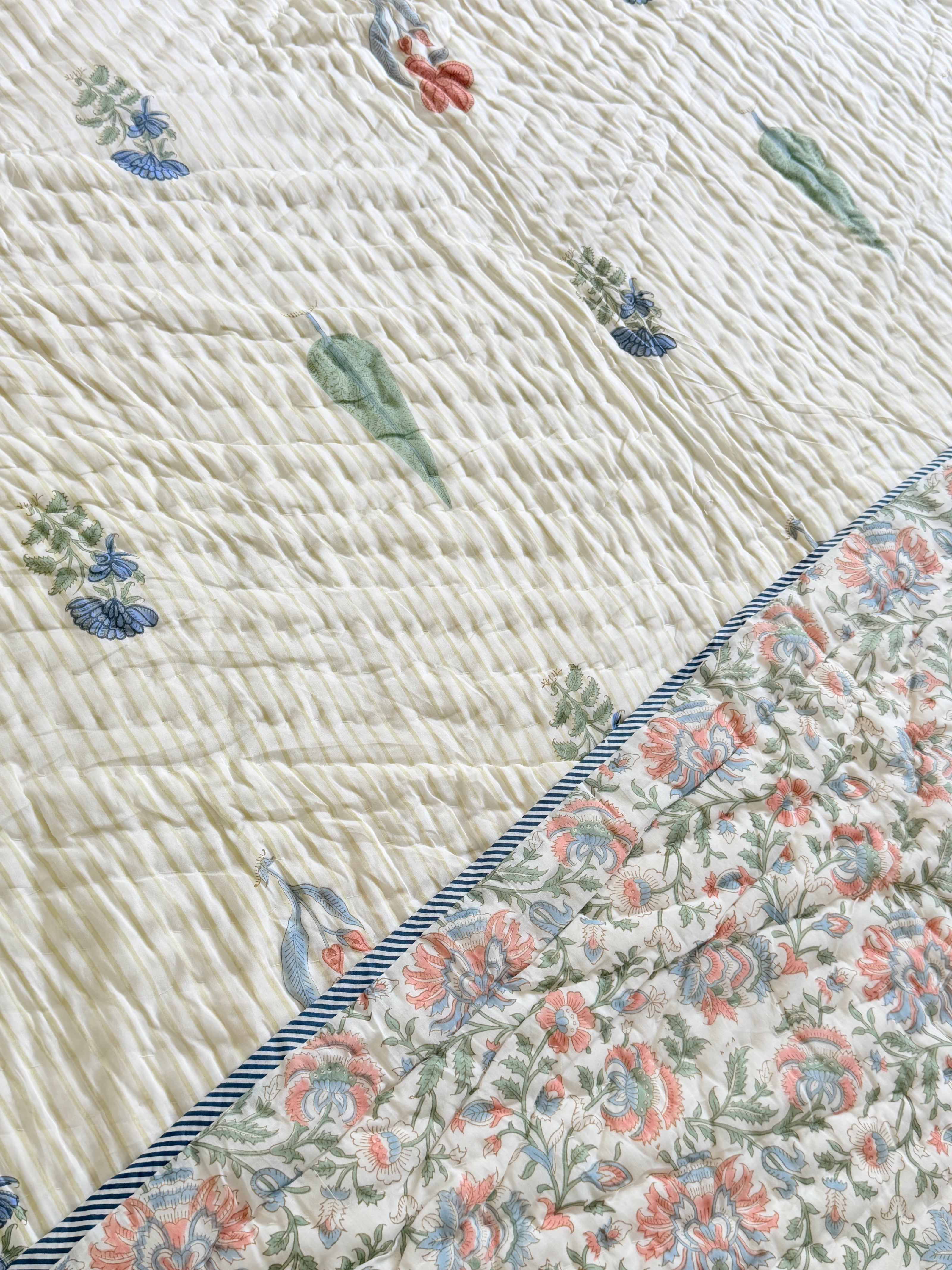 Cream Base Block Print Cotton Quilt