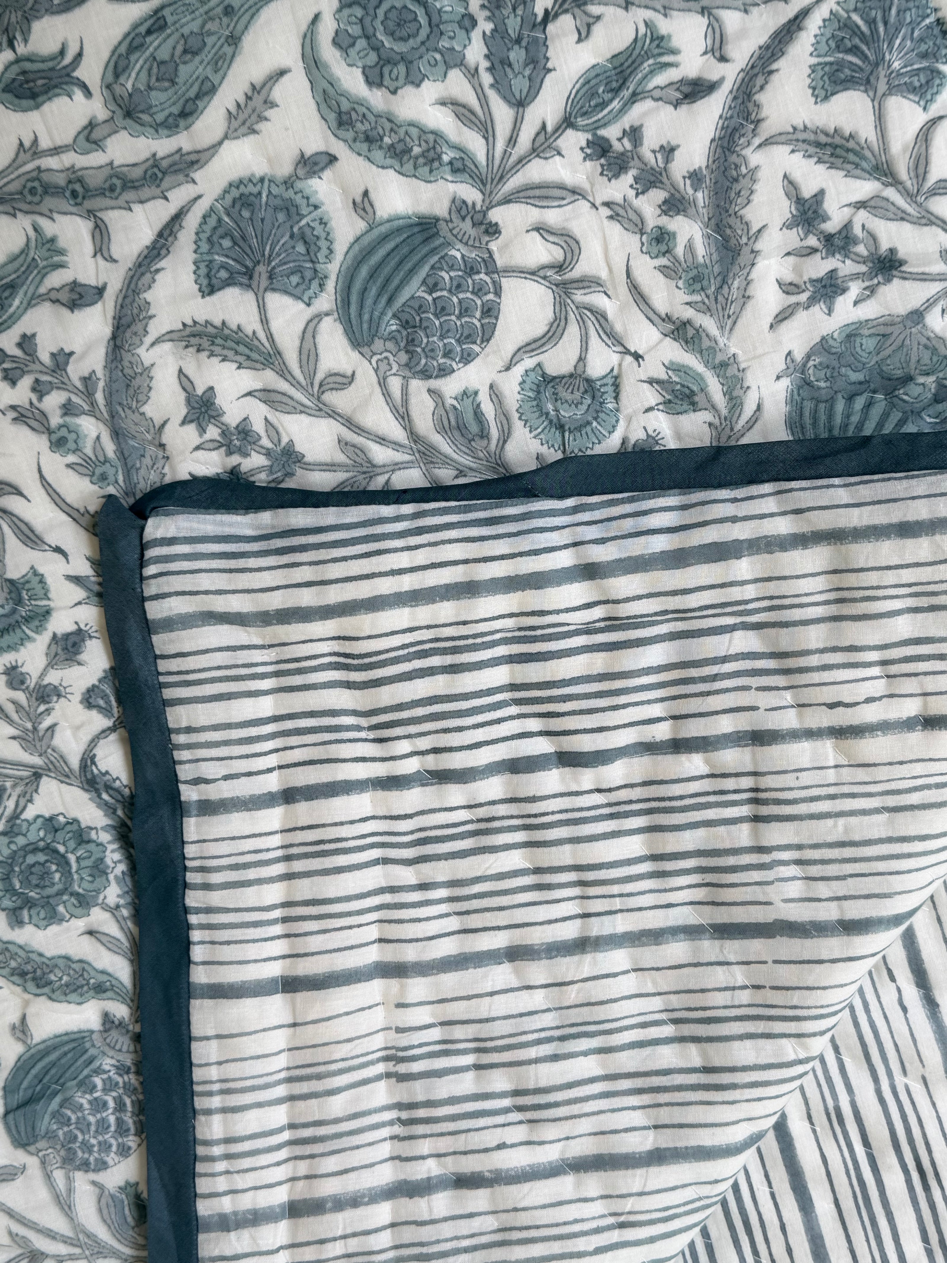 Slat Blue Block Print Cotton Quilt