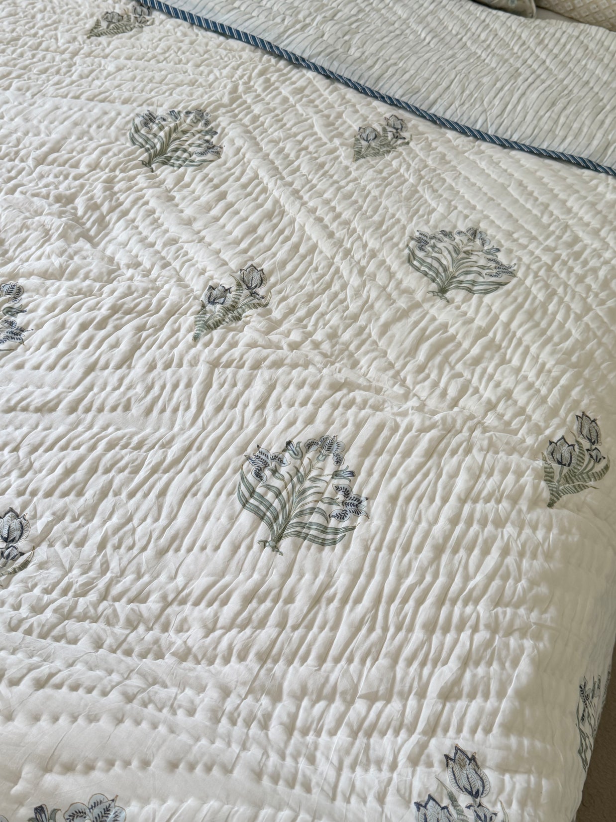 Dusky Blue Block Print Cotton Quilt