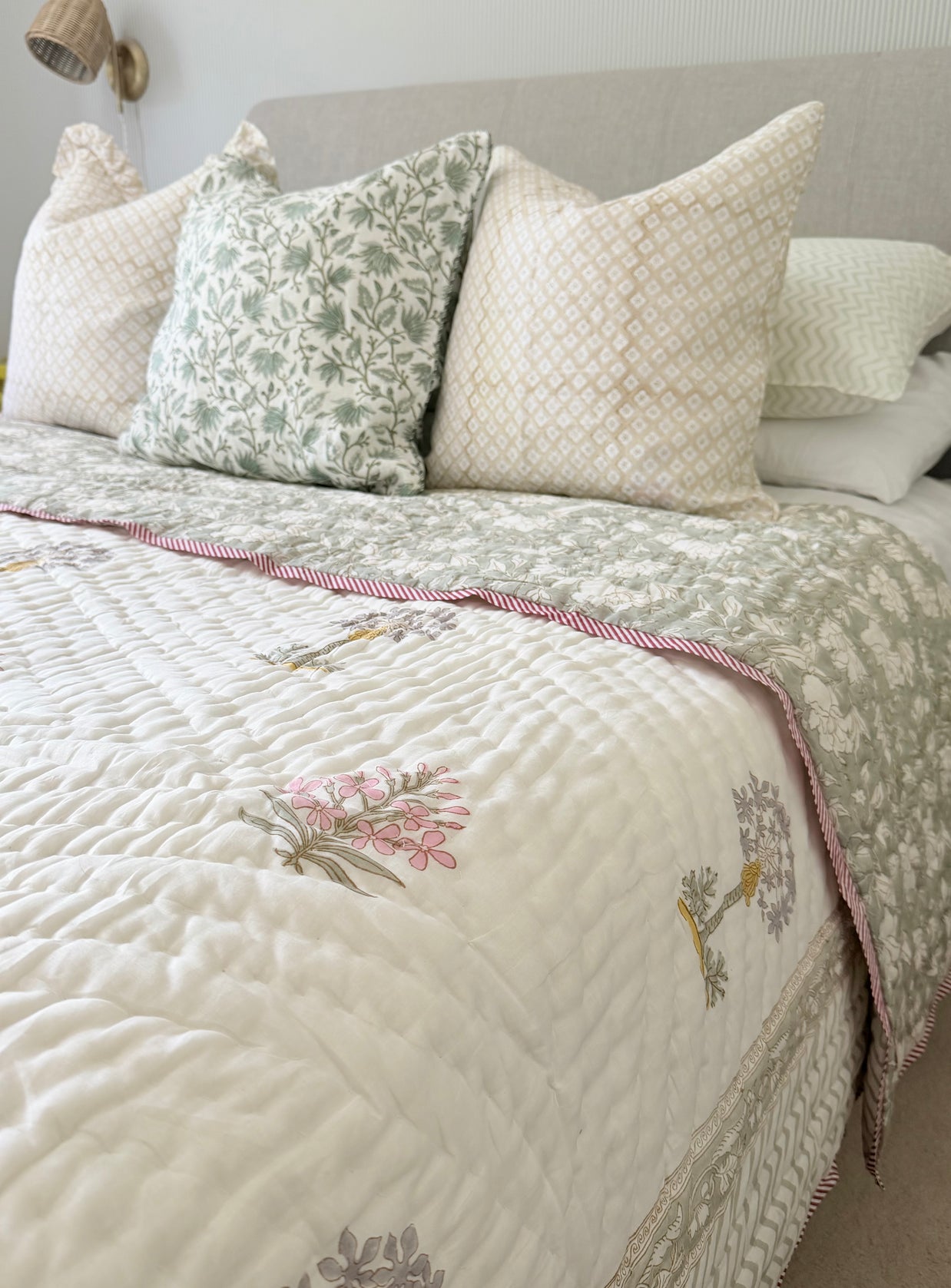 Sage Green Block Print Cotton Quilt