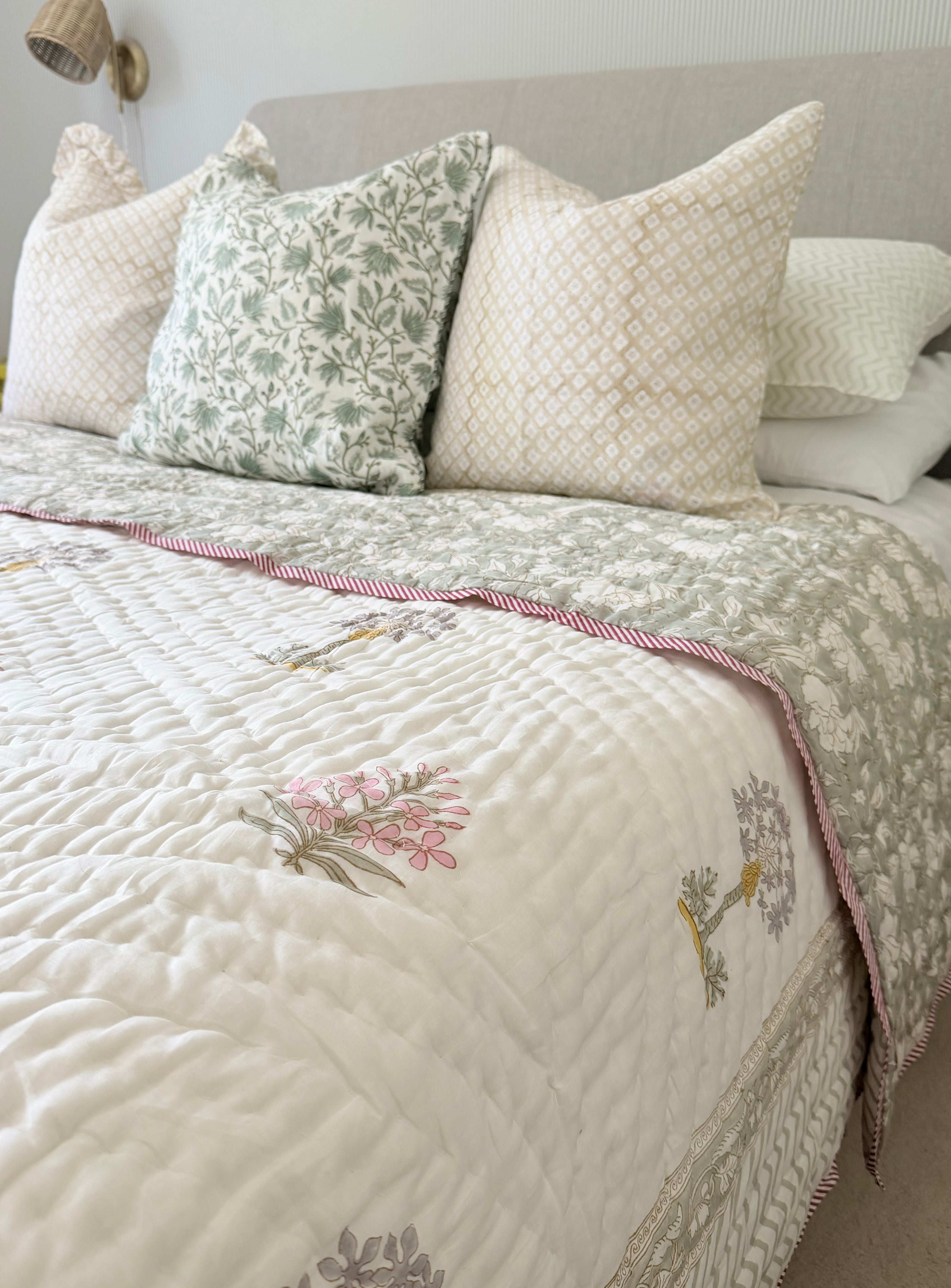 Sage Green Block Print Cotton Quilt
