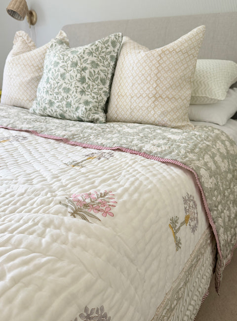 Sage Green Block Print Cotton Quilt