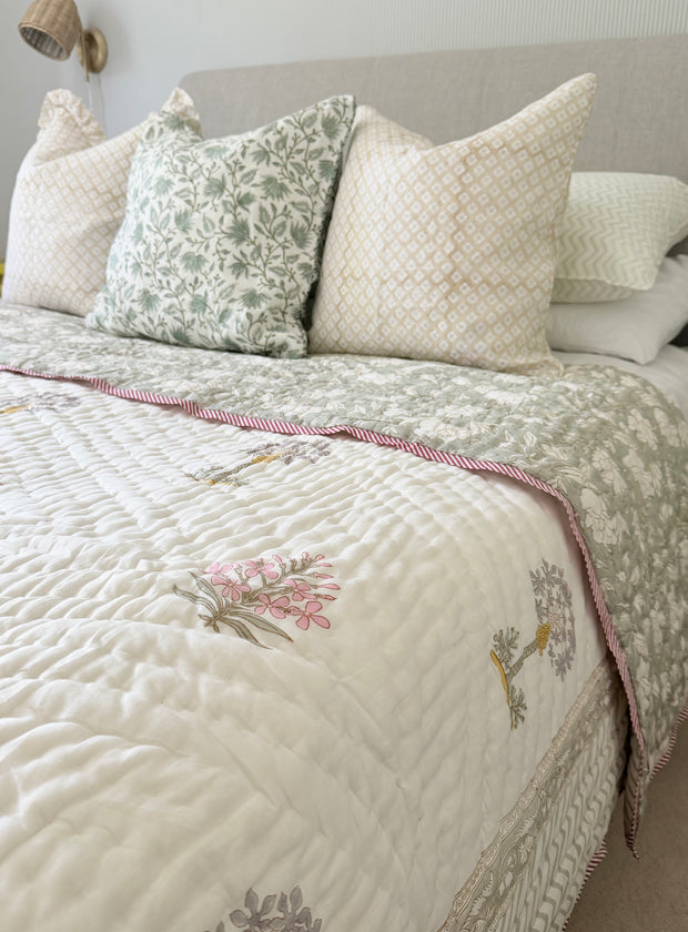 Sage Green Block Print Cotton Quilt