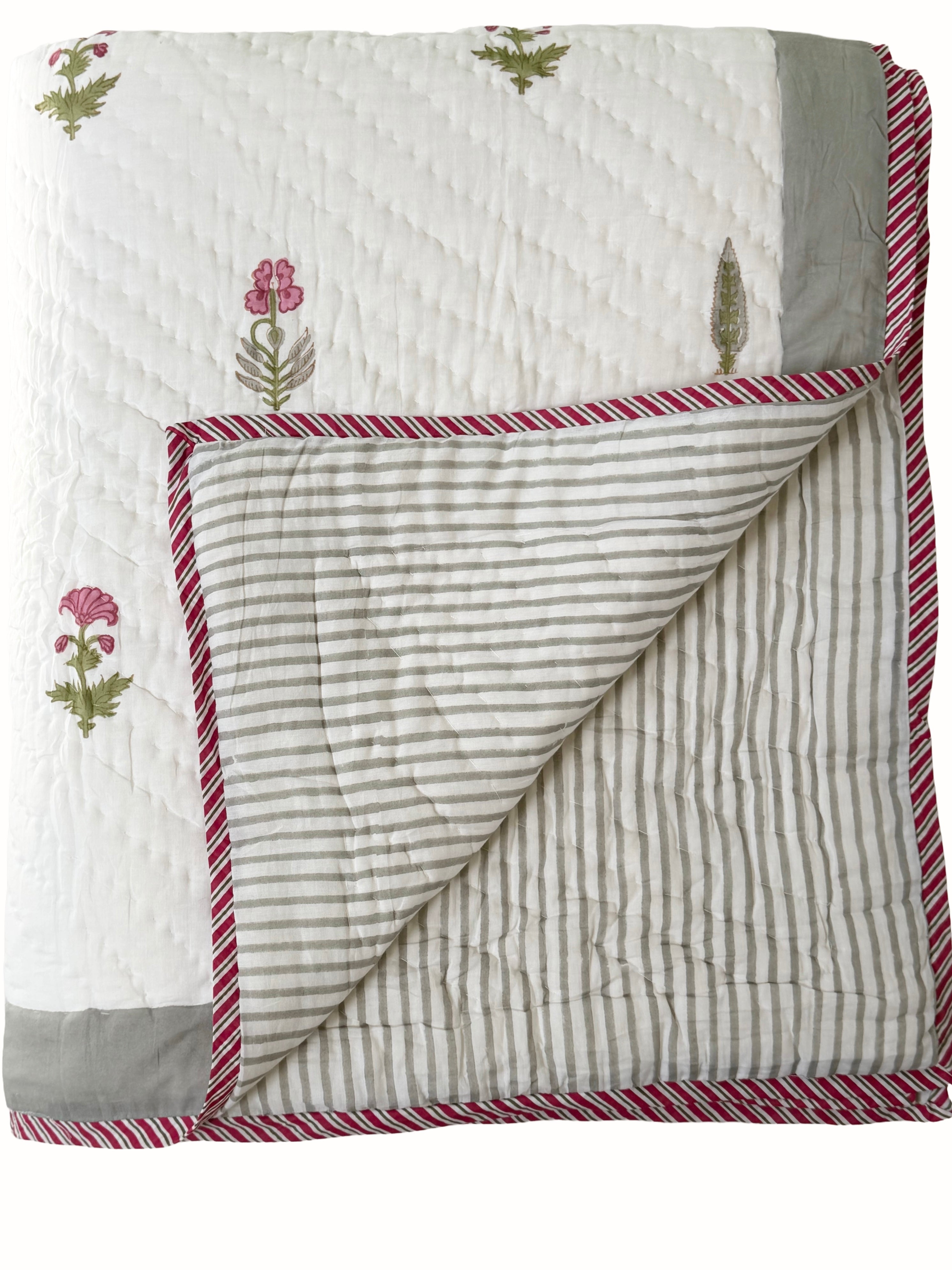 Iris Garden Block Print Cotton Quilt