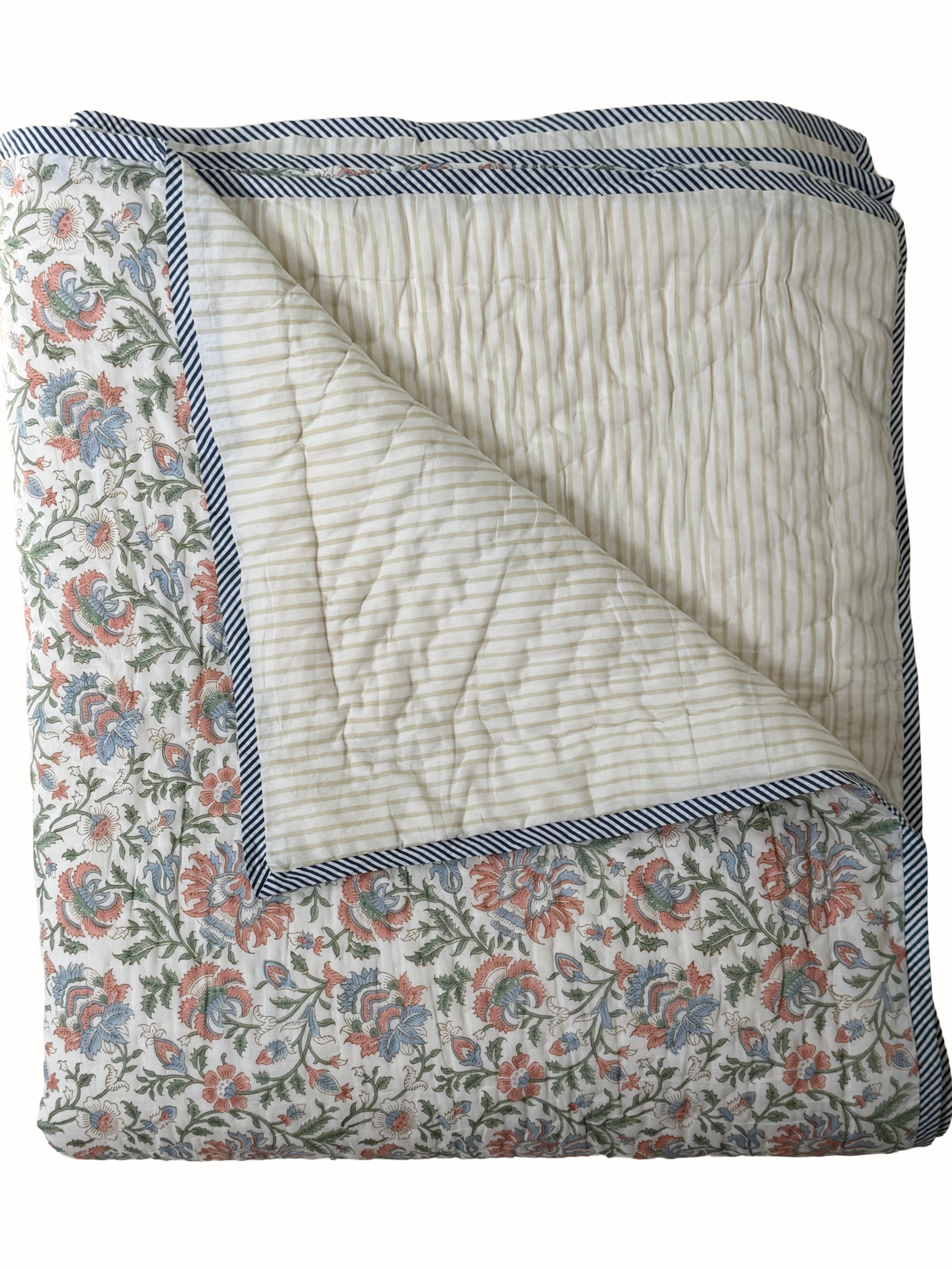 Cream Base Block Print Cotton Quilt