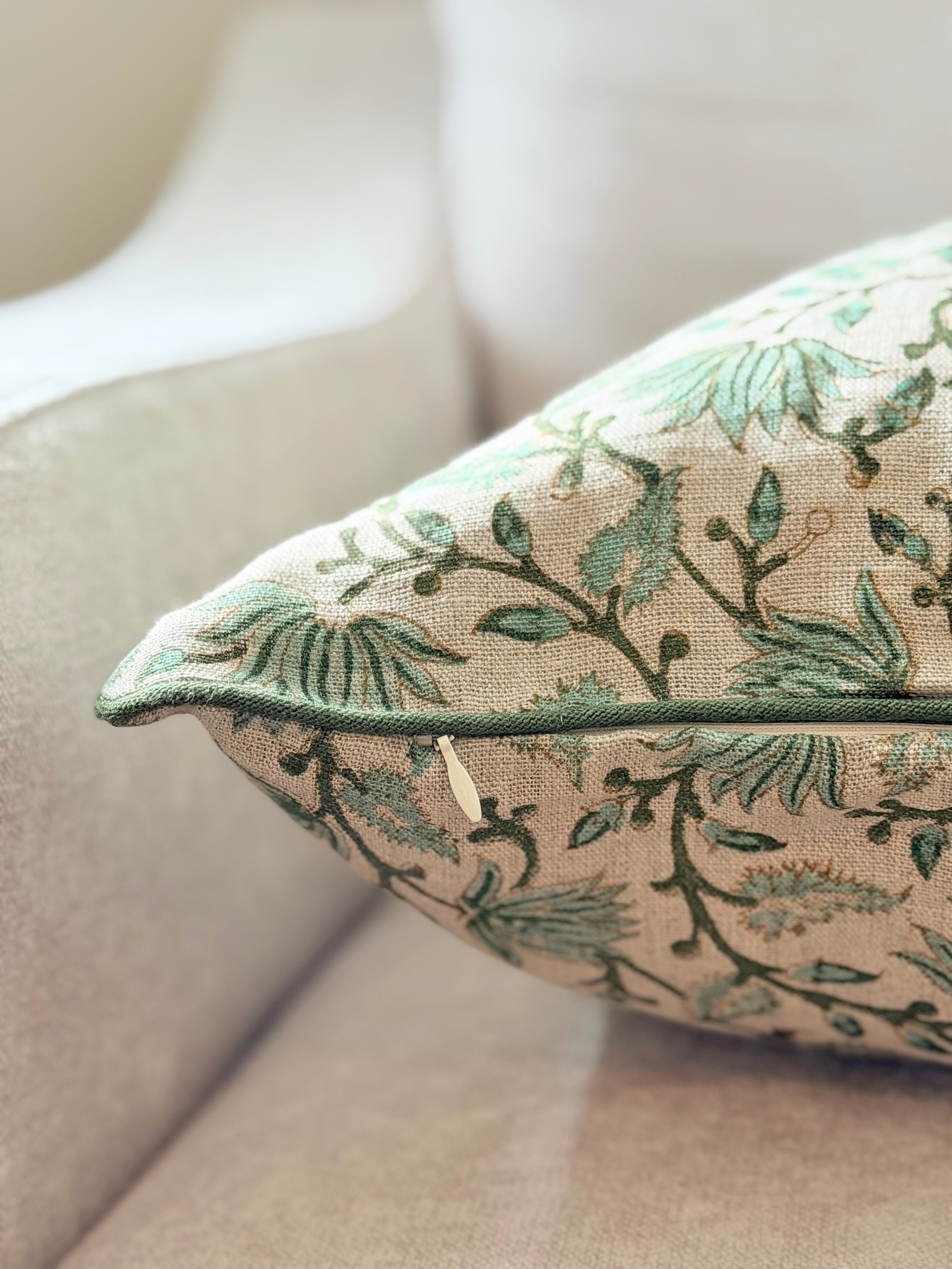 Sage Green Botanical Block Print Cushion with Piping - The Evergreen