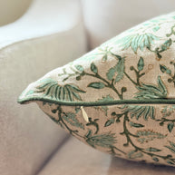 Sage Green Botanical Block Print Cushion with Piping - The Evergreen