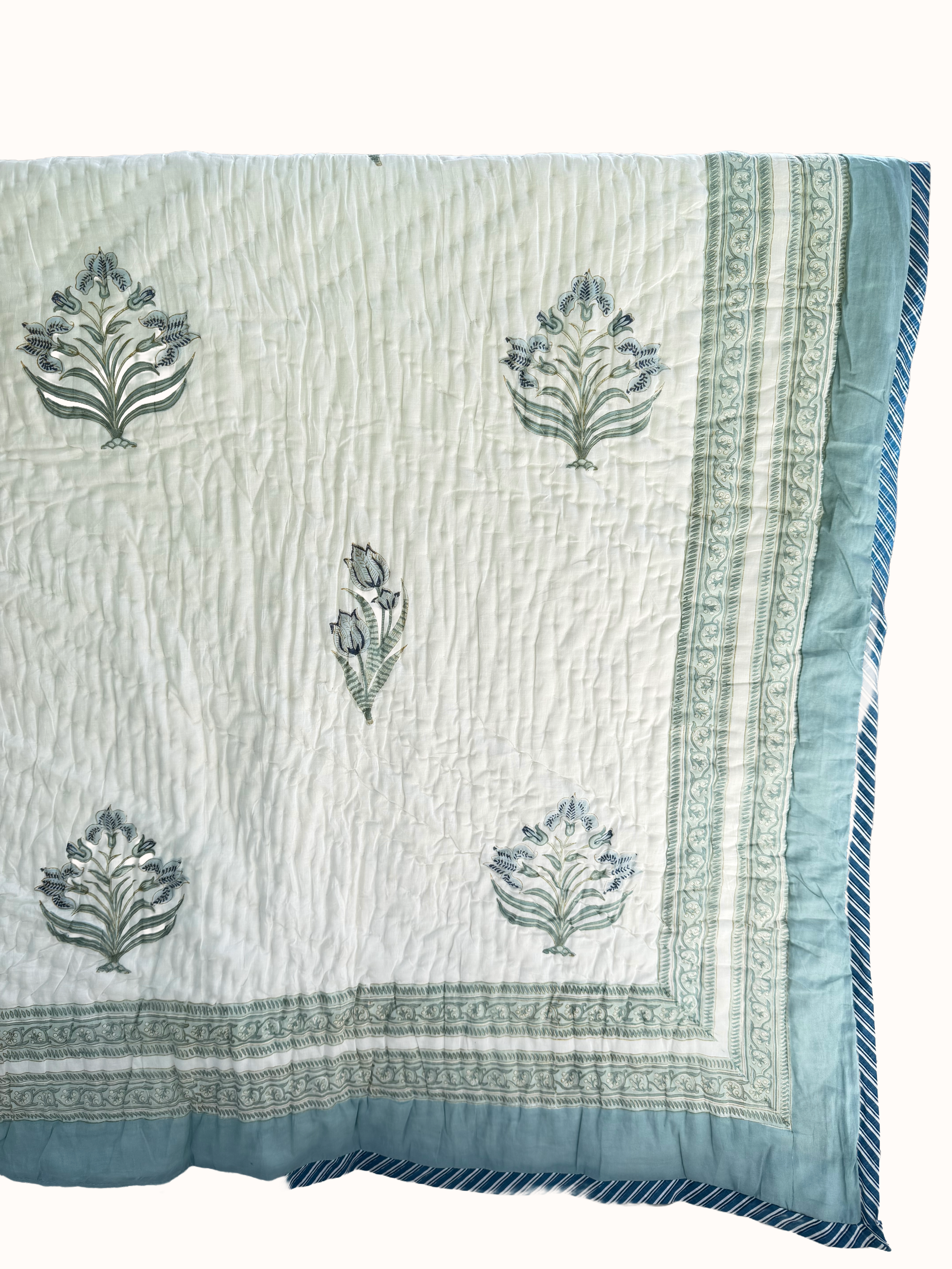 Dusky Blue Block Print Cotton Quilt
