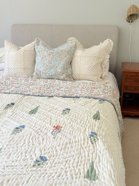 Cream Base Block Print Cotton Quilt