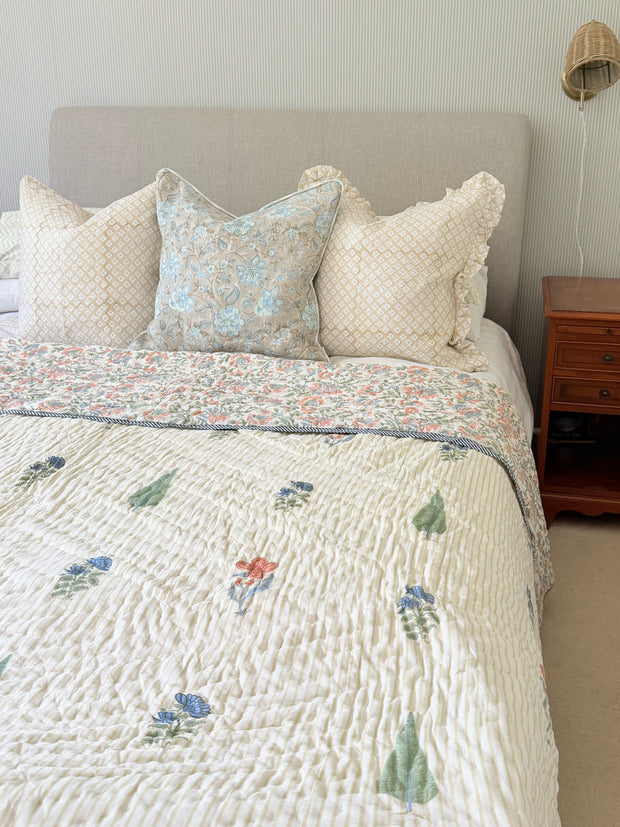 Cream Base Block Print Cotton Quilt