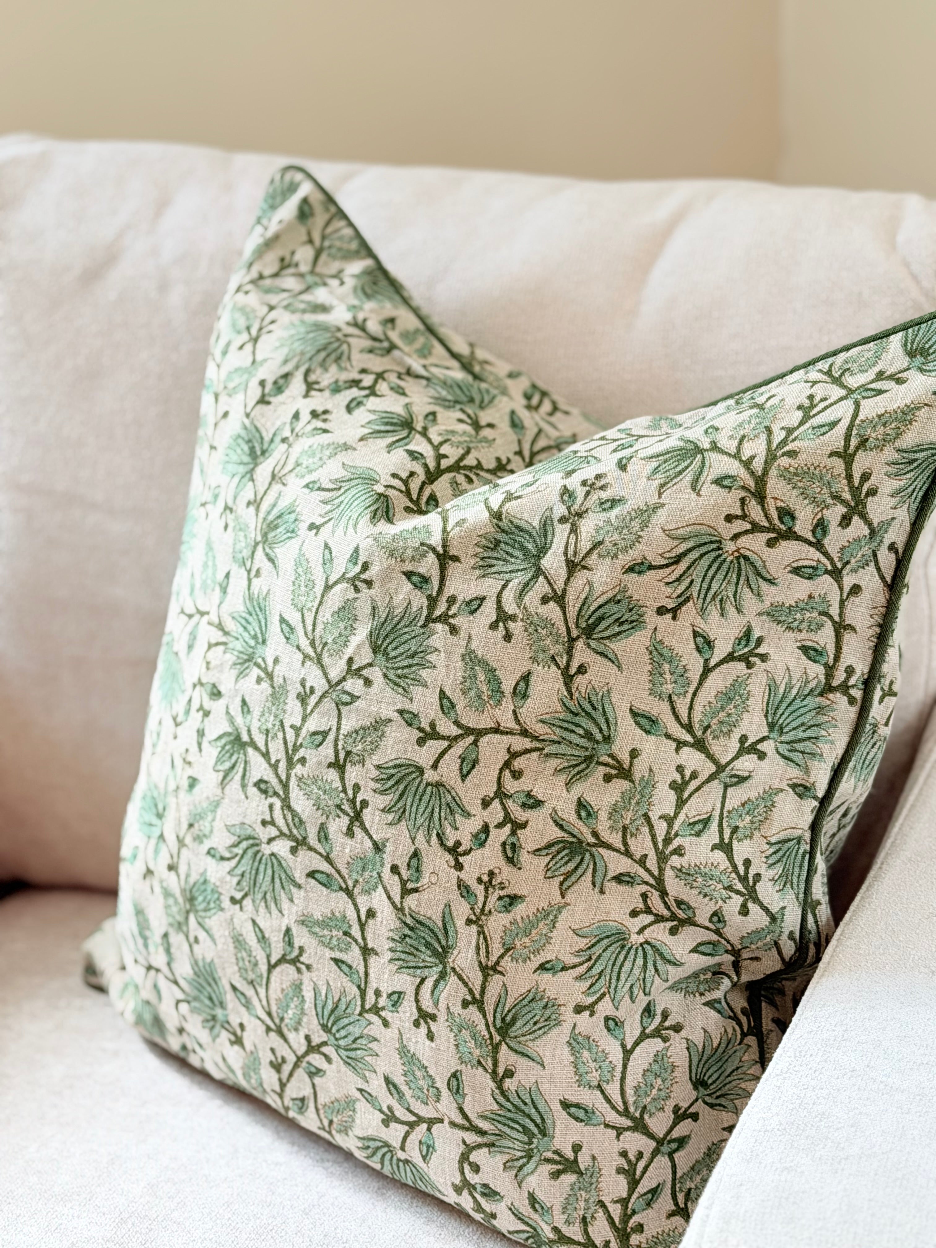 Sage Green Botanical Block Print Cushion with Piping - The Evergreen