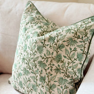 Sage Green Botanical Block Print Cushion with Piping - The Evergreen