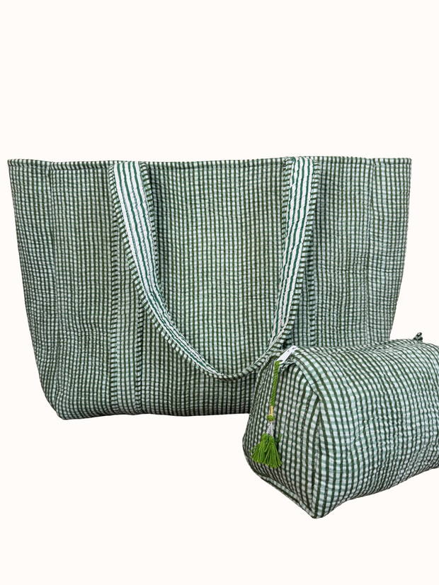 Moss Green Gingham Reversible Bag Set