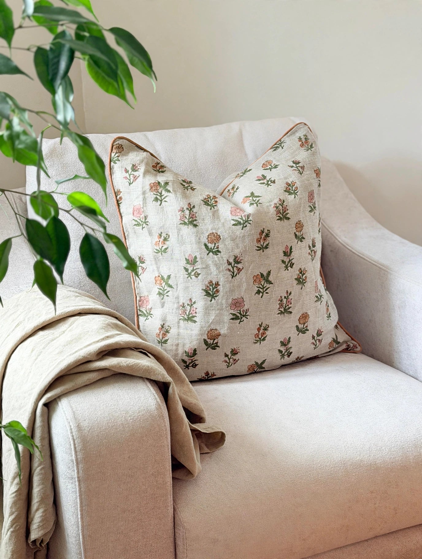 Meadow Bloom Block Print Linen Cushion Cover